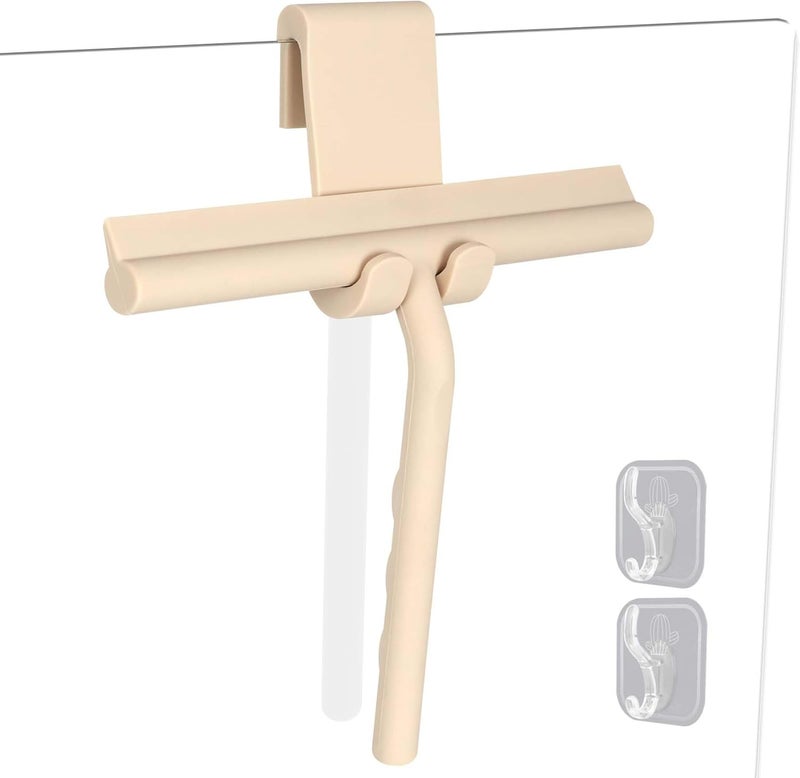 DEOFUXT Shower Squeegee for Glass Doors, Full Silicone Jacketed Squeegee with Ergonomic Handle & No-Drill Hook, Cleaning Tool for Windows, Mirrors, Tiles, Bathroom & Car - Beige - Image 1